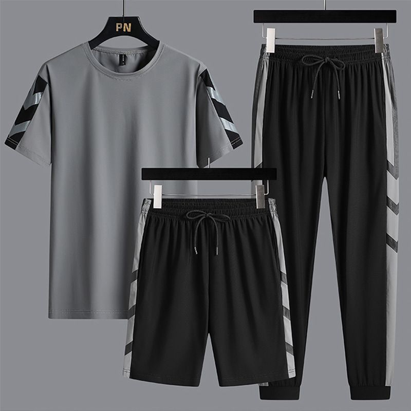 LazyZoom 2025 Set estivo da uomo in seta sottile e ghiaccio, a maniche corte, casual, sportivo, in tre pezzi, elastico, ad asciugatura rapida, con pantaloncini_voghion.com