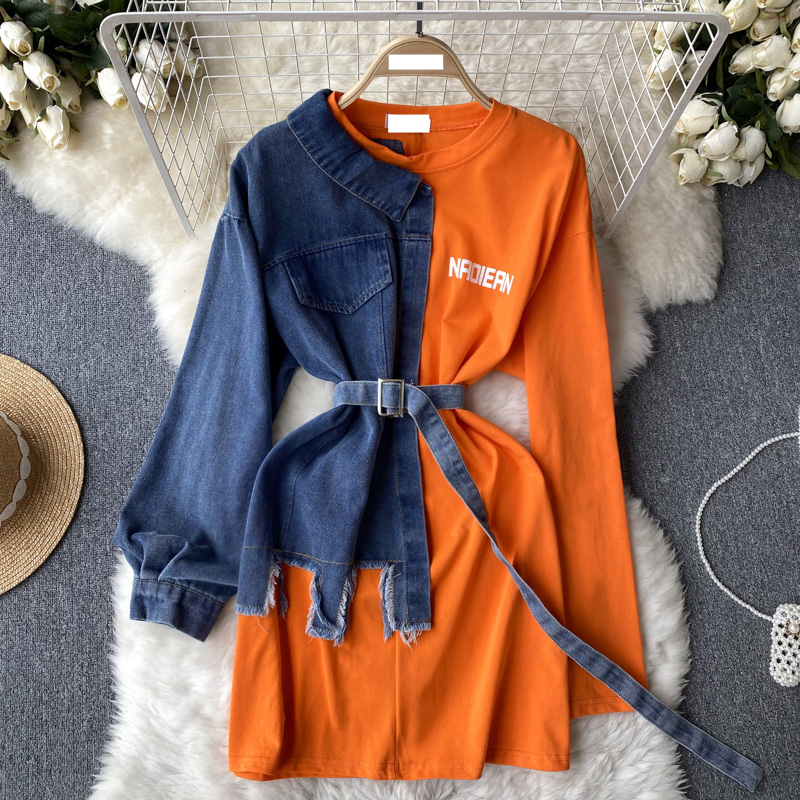 Abbigliamento donna Camicia in denim Abito patchwork Maniche lunghe Design asimmetrico Nicchia Vita Snellente Gonna fianchi_voghion.com