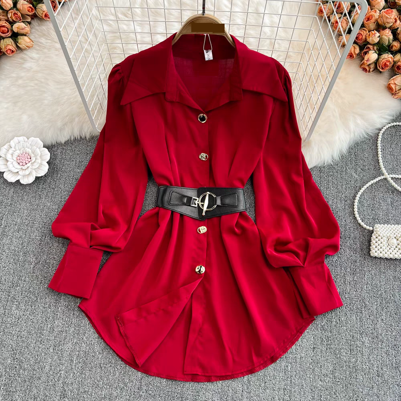 Dameskleding Lente Retro Stijl Temperament Taille Afslankend Geplooid Lange Mouw Shirt Korte Rok_voghion.com