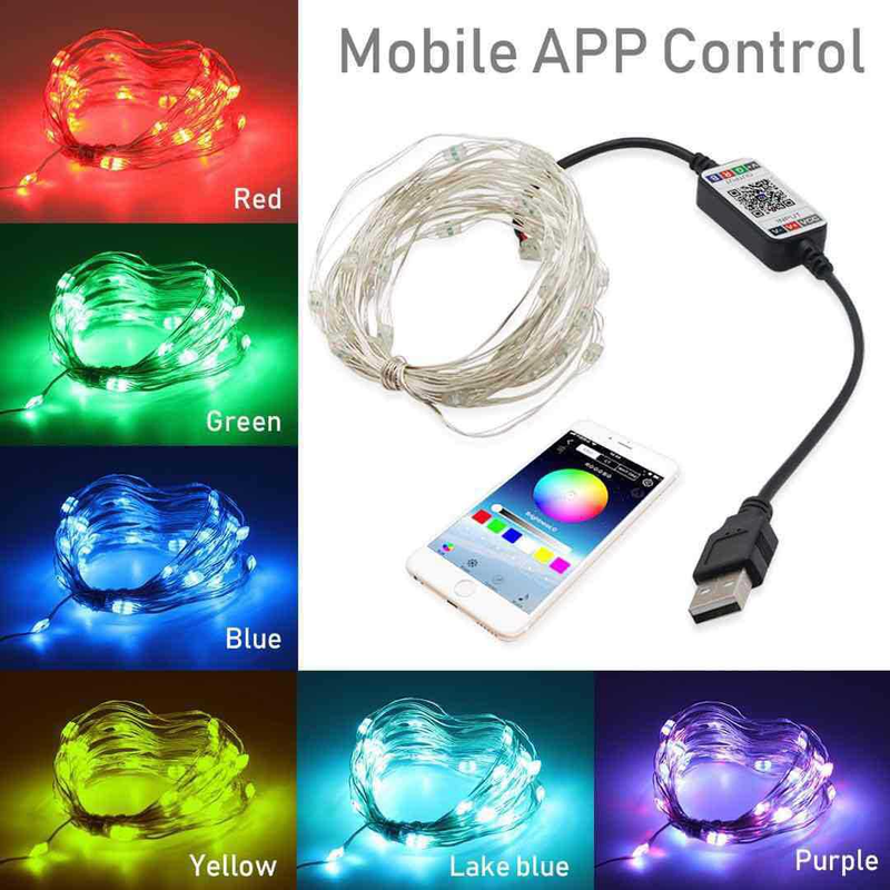 USB Bluetooth Fairy Lights With APP Control, 5V RGB LED Copper Wire String Lights For Christmas, Party, Home Decoration (Waterproof, 10 LED/m)_voghion.com