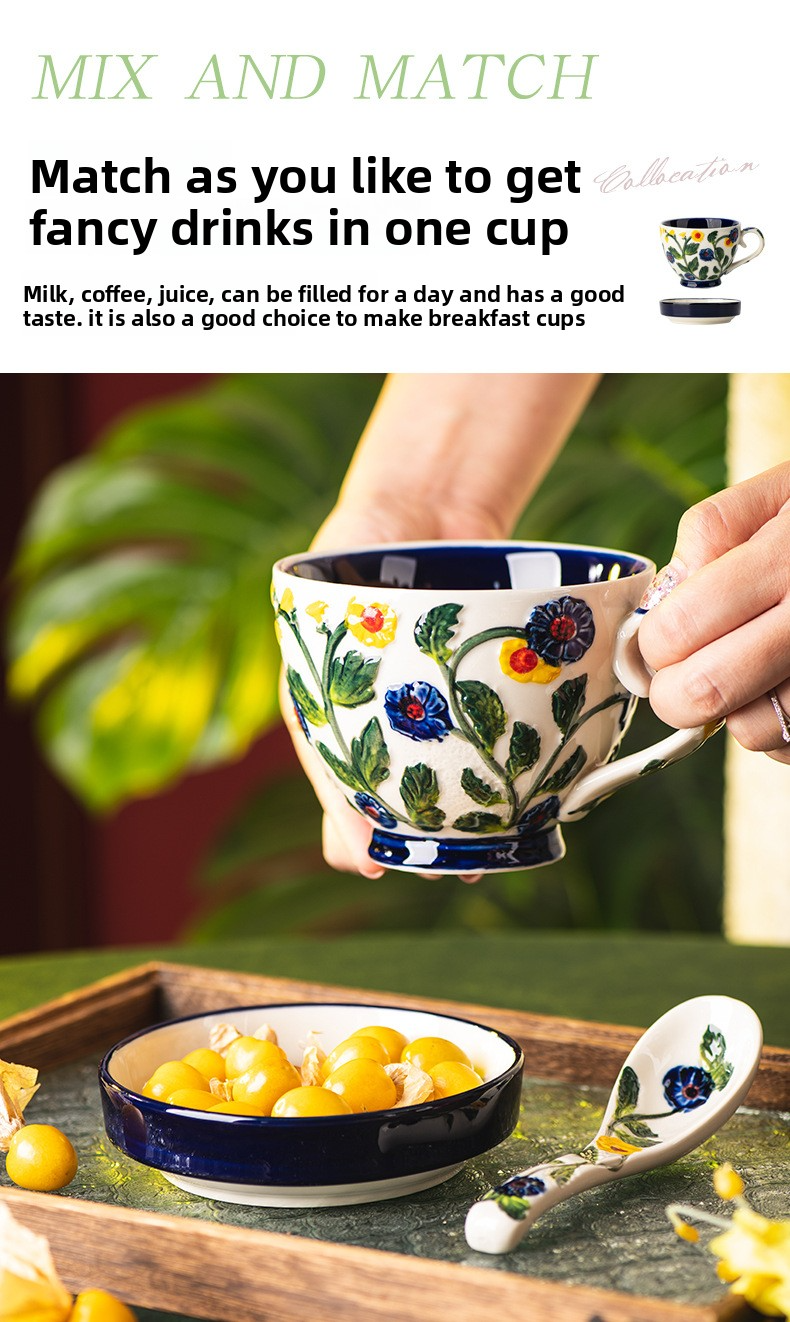 Blue & Red Hydrangea Ceramic Mug Set With Lid – 550ml Large Vintage Floral Coffee Cup Compatible With Snack Dish & Spoon_voghion.com