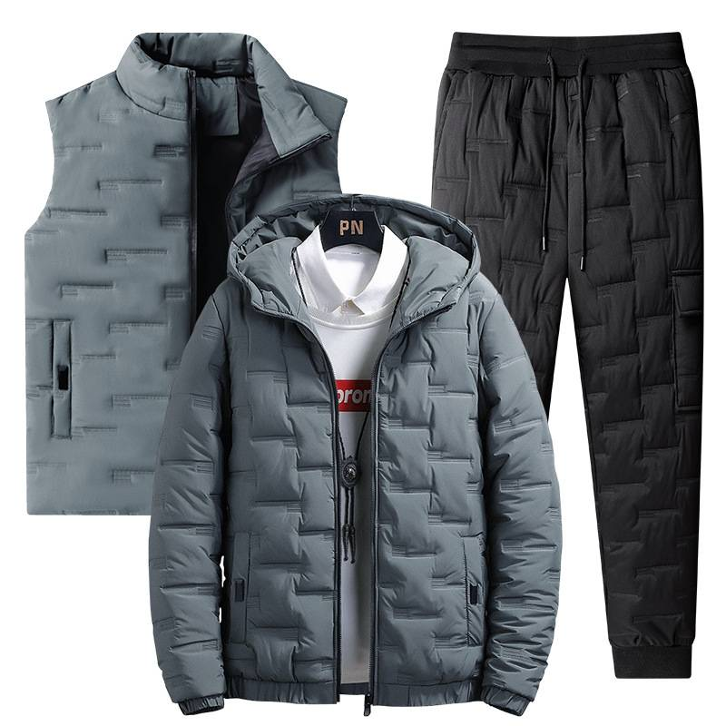 Completo invernale da uomo composto da 3 pezzi: giacca con cappuccio spessa e pantaloni coordinati (antivento, multicolore, taglie dalla M alla 5XL)_voghion.com