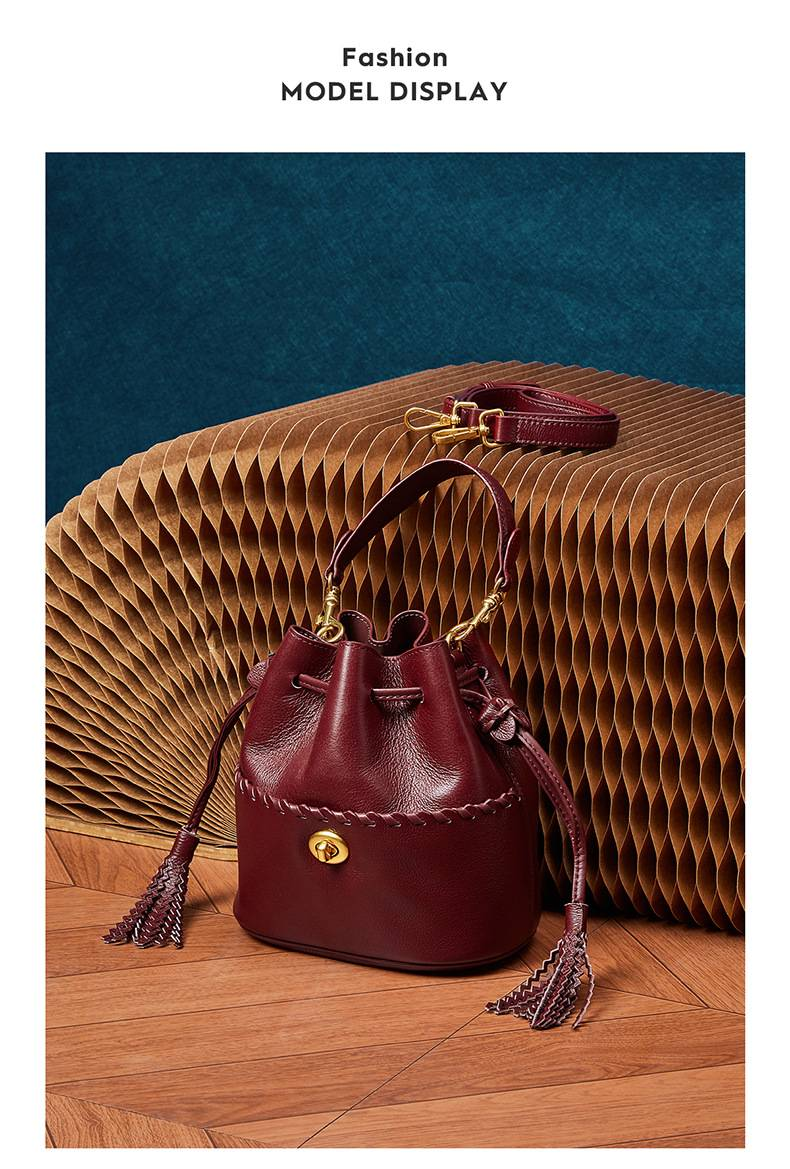 KOSE High-grade First-layer Cowhide Bucket Bag New Genuine Leather Women's Bag Tassel Niche Drawstring Shoulder Messenger Bag_voghion.com