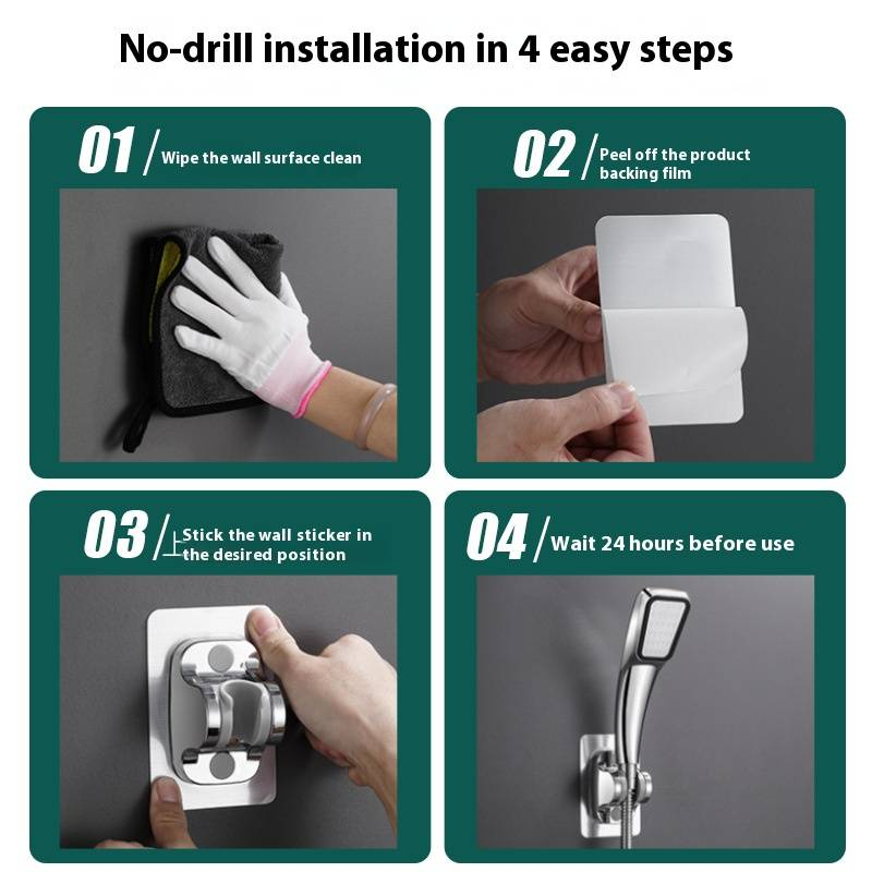 No-Drill Shower Head Holder - Adjustable Universal Suction Cup Mount For Bathroom, Wall/Tile Friendly, ABS Plastic (Black/Silver)_voghion.com