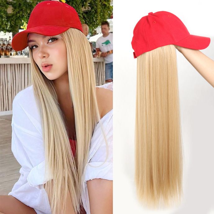 Cappellino da baseball alla moda da donna con parrucca lunga e liscia attaccata - Elegante cappello con parrucca che copre tutta la testa in più colori_voghion.com