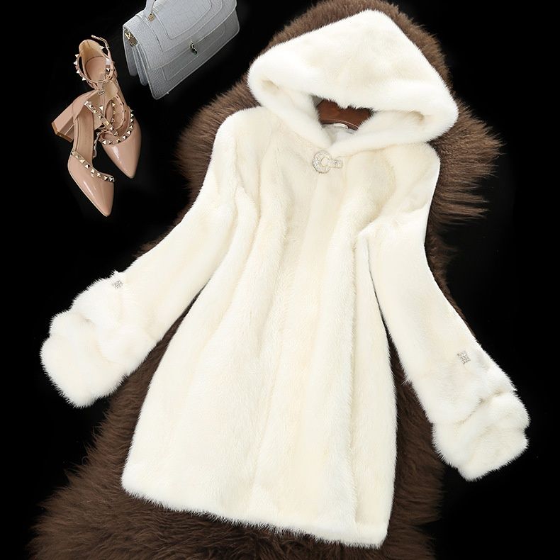 Cappotto con cappuccio in visone sintetico da donna – Giacca invernale di media lunghezza con dettagli in filo metallico (capospalla bianco, elegante e perfetto per l'ufficio)_voghion.com