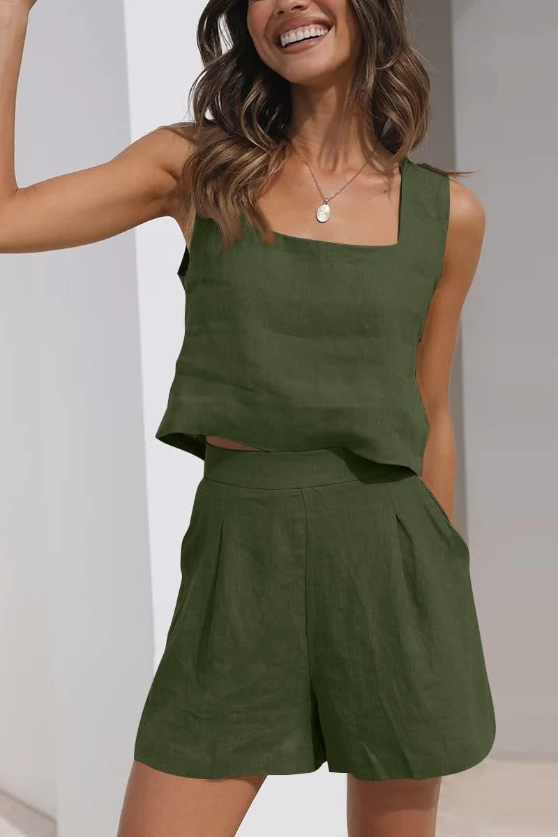 Nuovo set casual da donna 2024, composto da 2 pezzi, pantaloncini in lino, canotta senza maniche_voghion.com