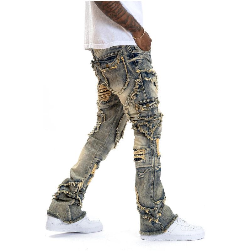 Herren Jeans mit Ripped Stacked Distressed Slim Fit Dünne Straight Leg Jeans Mode Hip Hop Denim Hose Casual Streetwear_voghion.com