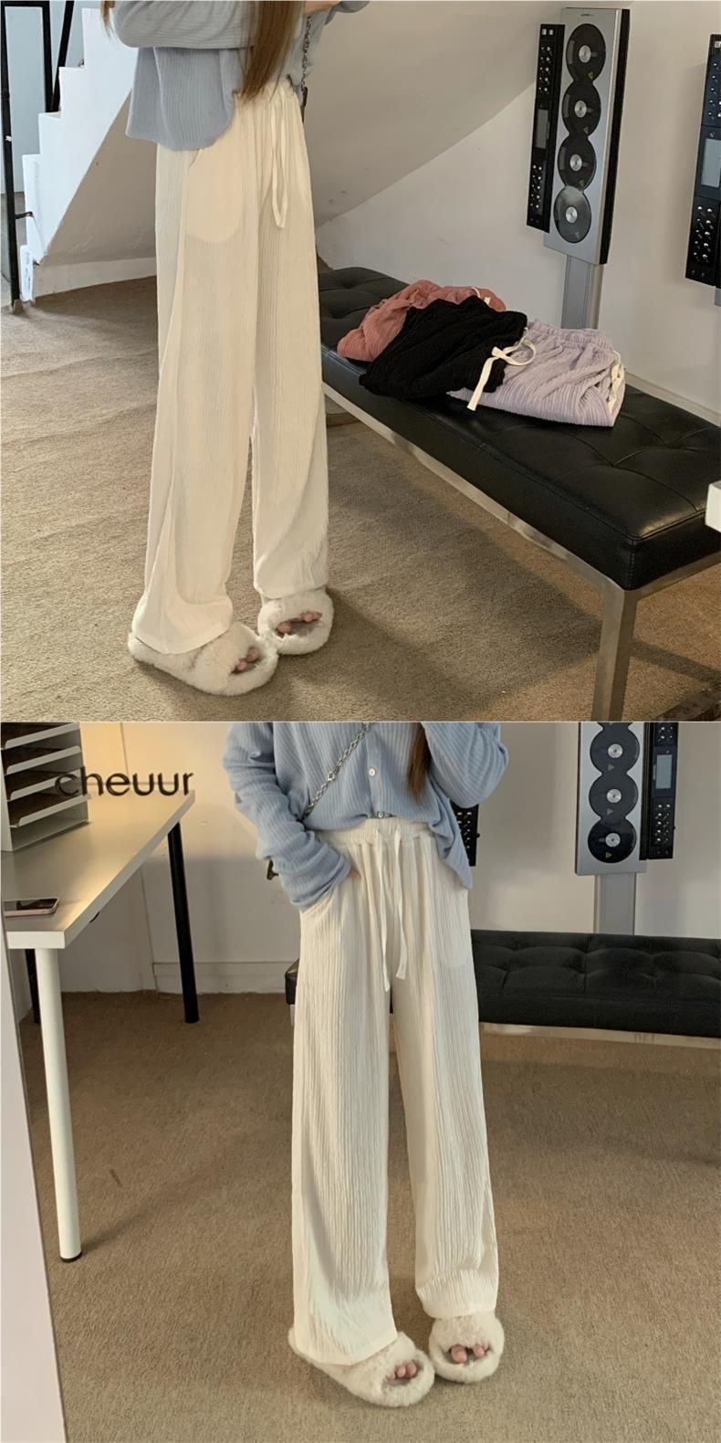 6012 # Pantalon de sol décontracté à taille haute pour femme, texture froissée, jambes larges, automne été_voghion.com