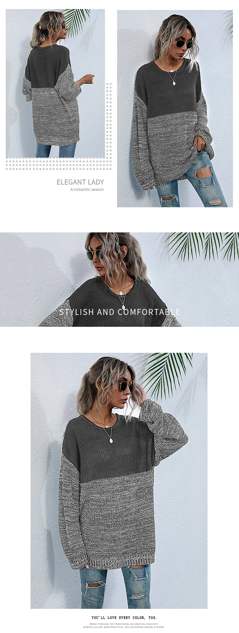 Damenbekleidung Independent Station kontrastierender Rundhals-Langarm-Strickpullover für Damen mittlere Länge_voghion.com