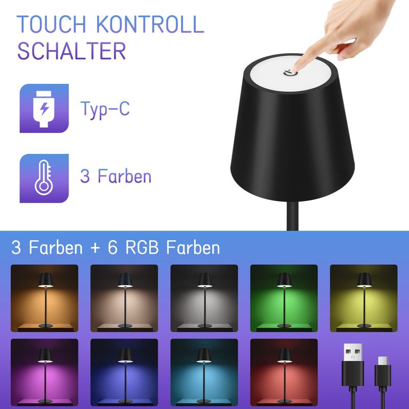 Glitzerlife Tischlampe Schwarz Nachttischlampe Kabellos - Led RGB 2600mhA Tischleuchte Aussentischleuchte Touch Dimmbar TYPE-C Nachttischleuchte USB Akkuleuchte_voghion.com