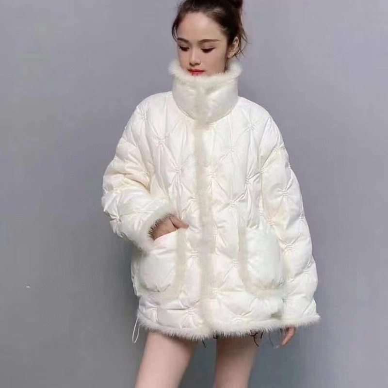 Damen Nerzkragen bestickt kurze weiße Ente Warme Jacke Mantel_voghion.com