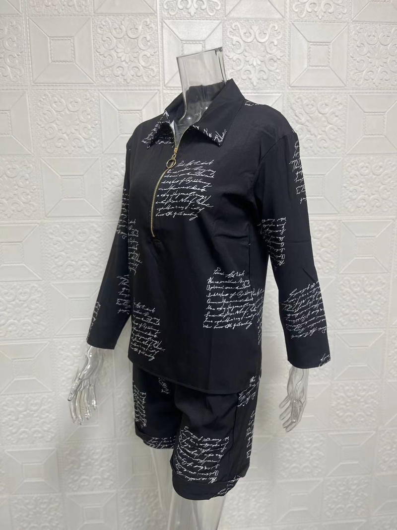 Completo da donna alla moda, pantaloncini con cerniera stampata a maniche lunghe, set da due pezzi_voghion.com