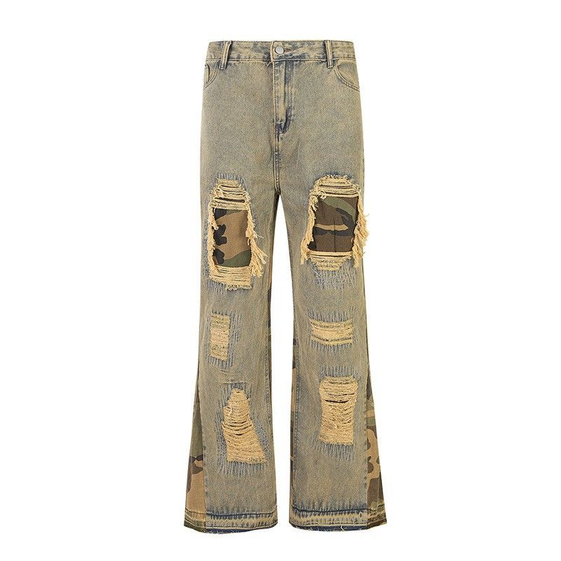 Moške kavbojke High Street Cleanfit Retro Washed Distressed Camouflage Shift Design razširjene hlače_voghion.com
