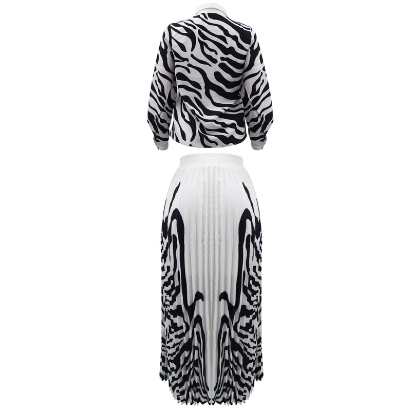 Damenbekleidung Zebra-Print Langarmshirt Lässiger Faltenrock Zweiteiliges Set_voghion.com