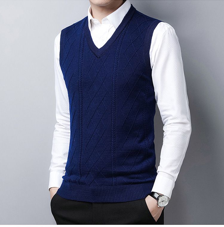 Herbst und Winter Neue Herren Wollpullover Strickweste Weste Lässige Weste Mittleren Alters Einfarbig V-Ausschnitt Vielseitige Weste_voghion.com