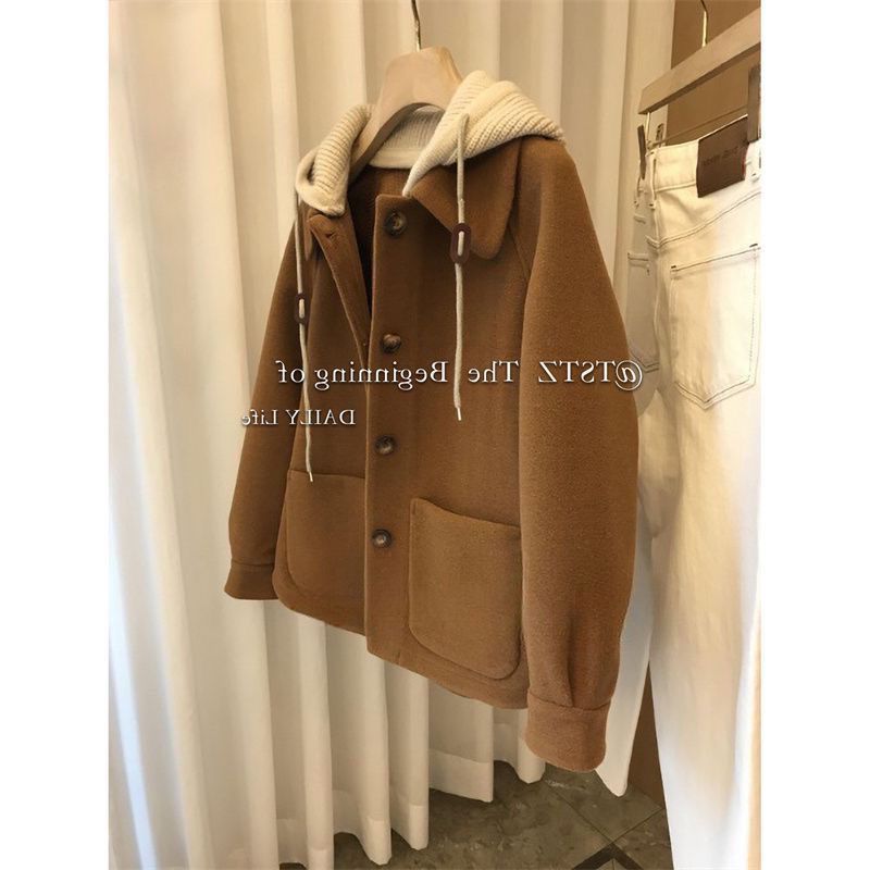 Roupas femininas retalhos de malha com capuz casaco de lã para mulheres outono e inverno design nicho casaco tendência_voghion.com