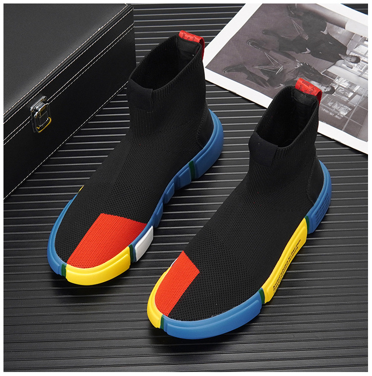 High Top Socks Shoes For Men 2023 Autumn New Trendy Breathable Knitted Slip On Sneakers Thick Sole Color Matching Trendy Shoes_voghion.com