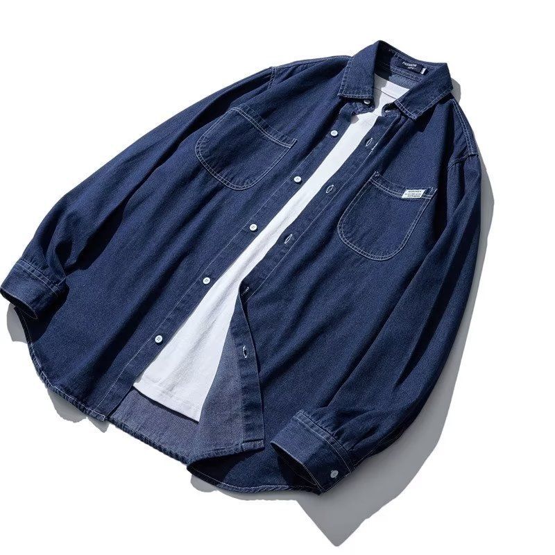 Camicia in denim da uomo, autunno, tendenza, ampia, sottile, stile Hong Kong, blu scuro, a maniche lunghe, casual, da uomo e da donna_voghion.com