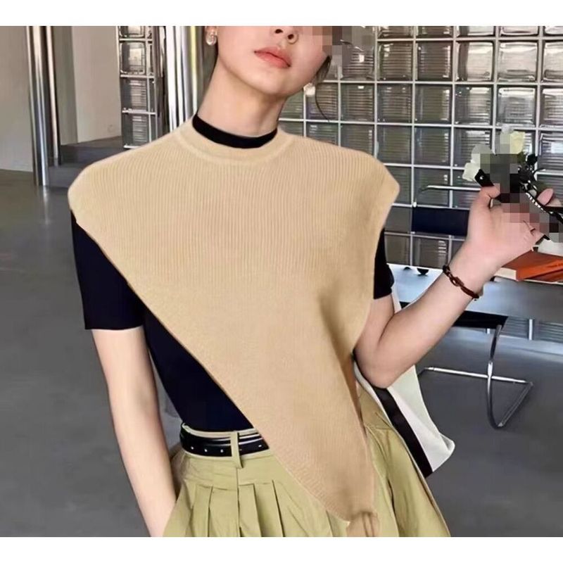 Dreieckiger, asymmetrischer Schal/Weste/Oberbekleidung, gestrickt, hochwertig, mehrlagiges Banddesign, schlicht, einfarbig, zweifarbig, Damen_voghion.com