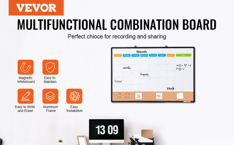 VEVOR 36"x 24" Monthly Calendar Whiteboard & Cork Board Combo With Aluminum Frame_voghion.com