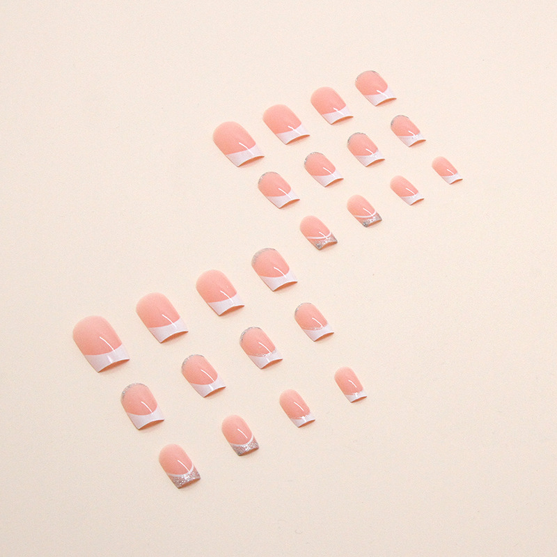 French Square 24Pcs Head Fake Nail Shiny Sier Powder Designs False Nails Wearable Full Cover Press on Nails DI s s_voghion.com