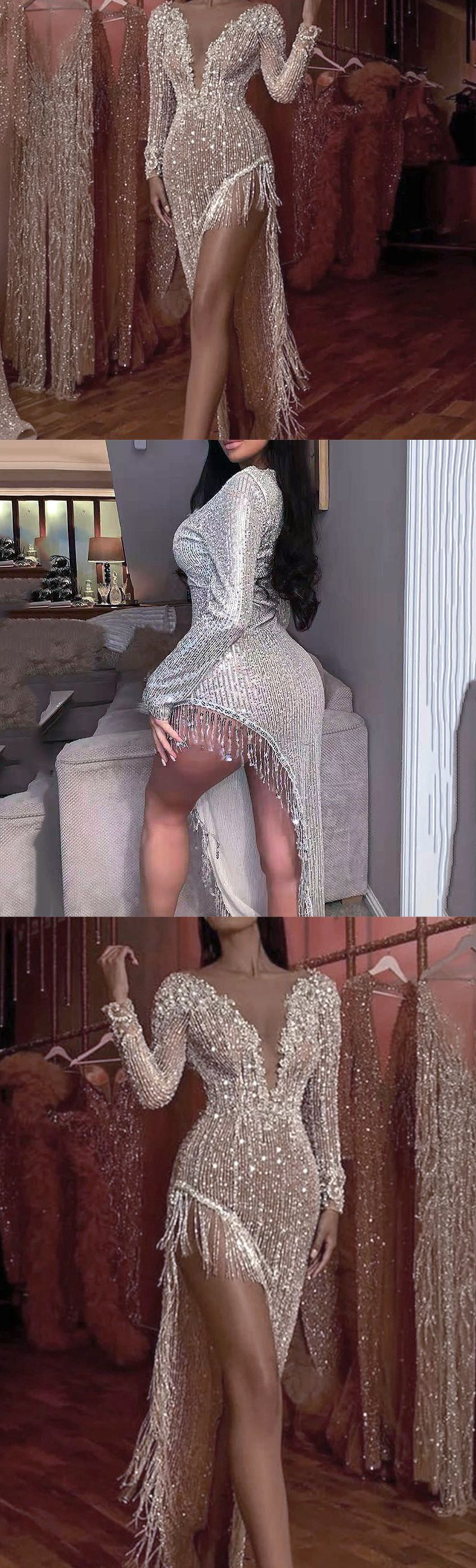 Damenkleeder Quasten Pailletten Taille Hing Déif V Laang Ärmelen A Säiteschlitzer Sexy Asymmetrescht Kleed_voghion.com