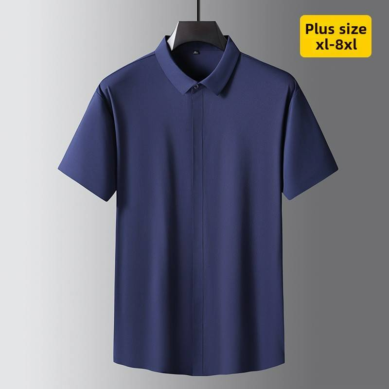 Camisa de manga corta sin costuras para hombre, nueva, de talla grande, color liso, de seda fina, con solapa y hebilla secreta_voghion.com