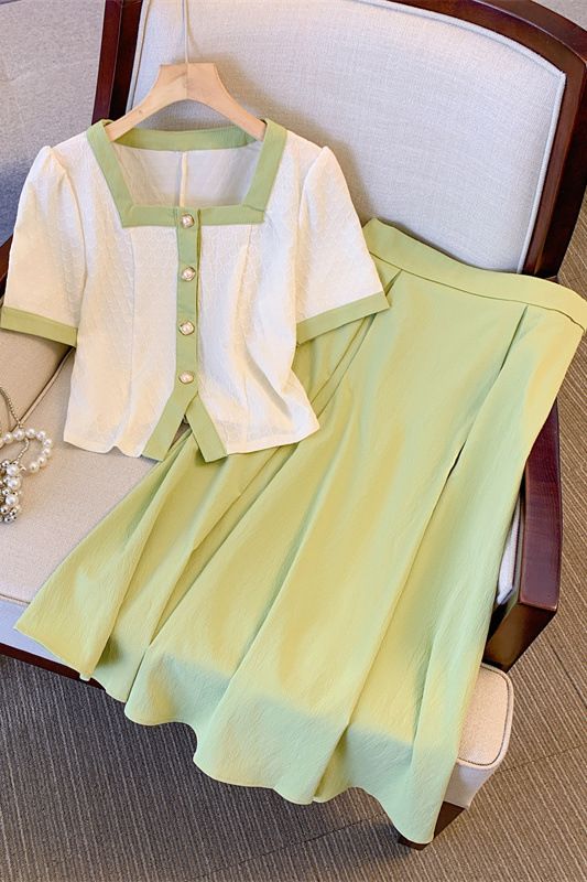 Women's Clothing Large Size Suit For Women In Summer, Two Piece Suit For Fat Girls, Age Reducing Splicing, Button Square Collar Top With High Waist_voghion.com