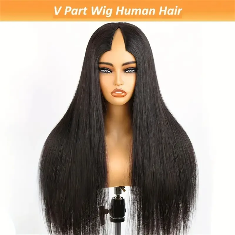Pelucas brasileñas de cabello humano con parte en V, 100 % liso, densidad del 180 %._voghion.com
