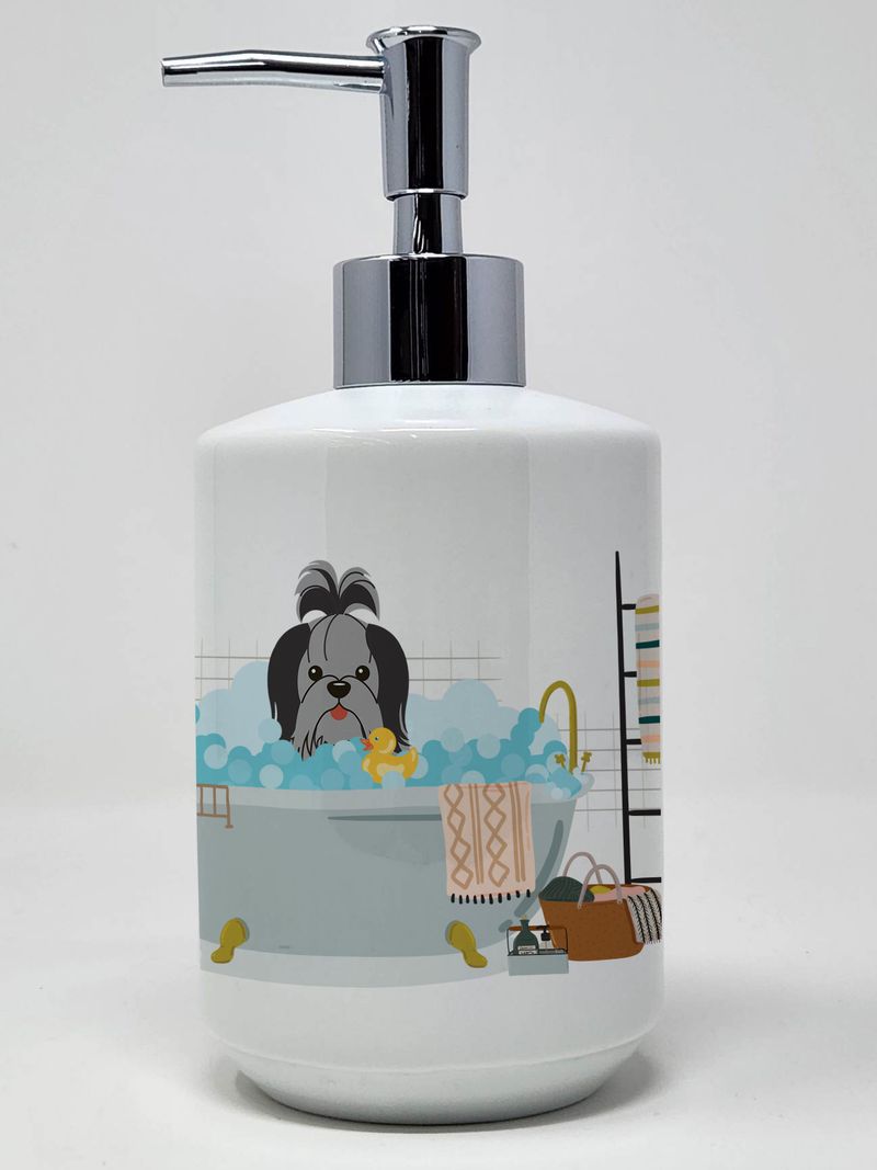 Black Silver Shih Tzu in Bathtub Ceramic Soap Dispenser Hand Soap Dispenser Pump Bottles for Bathroom Kitchen, Empty Refillable Liquid Soap Container_voghion.com