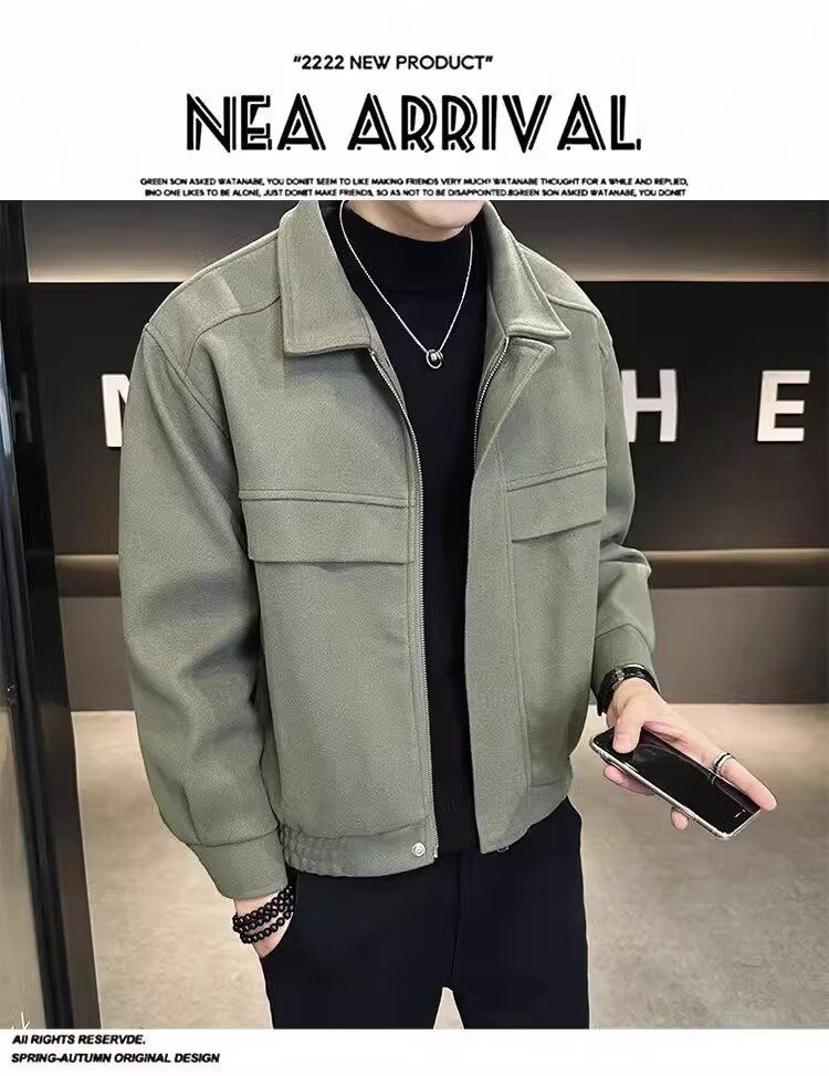 Men's Stylish Wool Blend Short Jacket - Casual Loose Fit Winter Coat With Multiple Pockets, Non-Iron Fabric, Black/Green_voghion.com