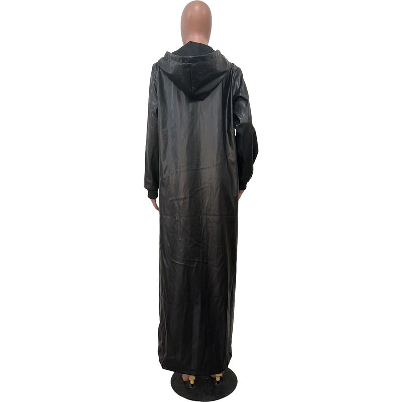 D8648 Autumn Winter New Women's Thickened PU Sleeve Hooded Drawstring Front Short Back Long Cape Coat_voghion.com