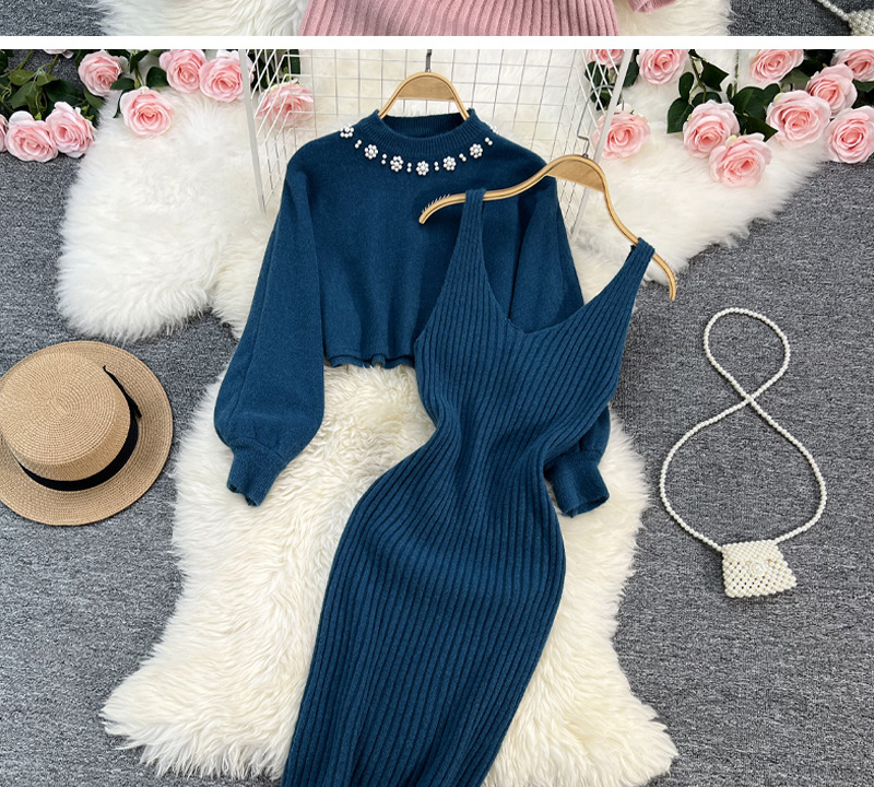 Women's Socialite style round neck beaded high-waisted short navel-baring sweater two-piece hot girl knitted vest dress for women_voghion.com