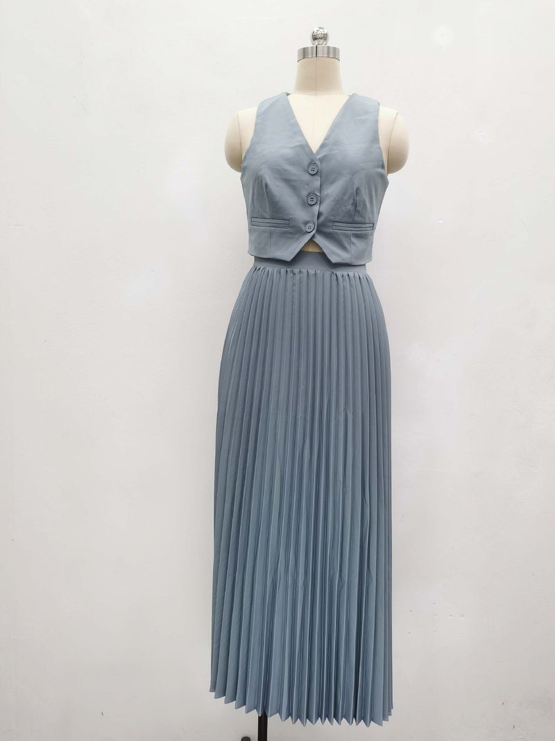 Damenbekleidung, neue Anzüge für Damen, Sommer, ärmellose Weste, halblanger, plissierter langer Rock, zweiteiliger Anzug_voghion.com