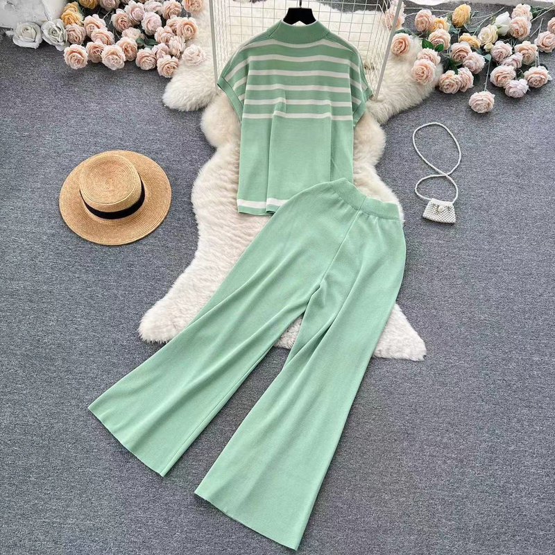 Stilvolles Strickoberteil mit Streifen für Damen, lässige Hose mit hoher Taille und weitem Bein, modischer zweiteiliger Anzug_voghion.com