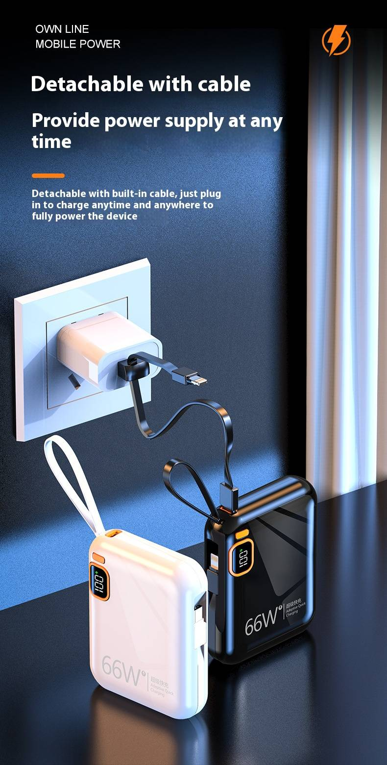 66W snellaad-powerbank met ingebouwde kabel, draagbare oplader van 10000 mAh/20000 mAh, PD 20W bidirectioneel snelladen, cadeau met aangepast logo voor op reis_voghion.com