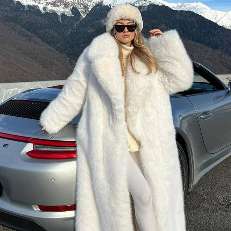 Luksusowy płaszcz ze sztucznego futra dla kobiet, zimowy, długi, puszysty, futrzany płaszcz z lisa, elegancka, biała odzież wierzchnia na modę uliczną_voghion.com