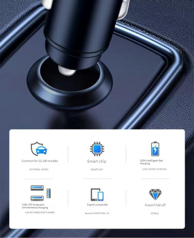 Cargador de coche superrápido de 100 W con pantalla digital, tres puertos USB y tipo C, adaptador metálico para encendedor de cigarrillos para una carga rápida en vehículos._voghion.com