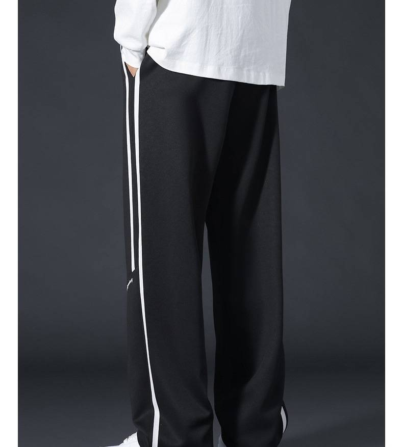 Pantalon décontracté pour homme - Pantalon de survêtement coupe décontractée, coupe droite, avec revers tombants et rayures (noir, gris foncé, kaki clair)_voghion.com