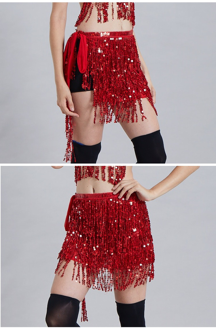 Chaîne de taille pour danse du ventre d'Halloween, serviette de hanche indienne, serviette de hanche à franges à paillettes bohème, costume de scène DS Performance_voghion.com