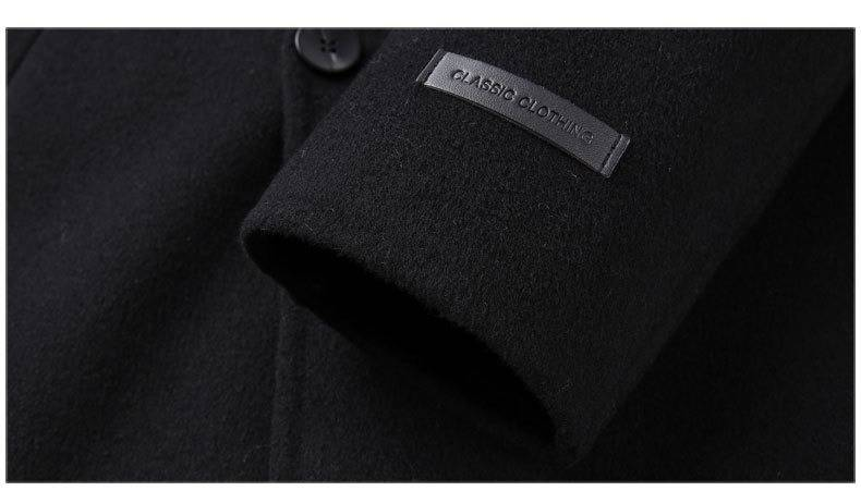 Men's 100% Pure Wool Double-Faced Overcoat – Knee-Length Trench Coat With Notched Lapel & Jacquard Detailing (170-195cm, Black)_voghion.com