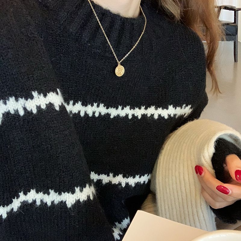 Japanese Retro Striped Knit Sweater Women's Loose Fit Long Sleeve Turtleneck Pullover - Soft Comfortable Chunky Knit Casual Top_voghion.com