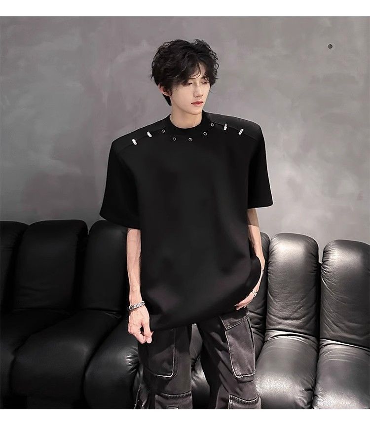 American High Street Short T-Shirt For Men Summer Trendy Loose Fit High-End Feel Padded Shoulder Versatile Five-Quarter_voghion.com