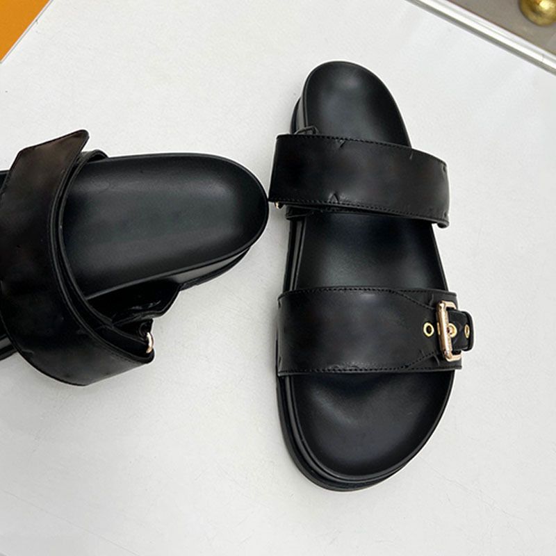 Nuevo estilo 2025: pantuflas de pareja con una sola correa y hebilla, versátiles, antideslizantes, informales, para playa, color negro._voghion.com