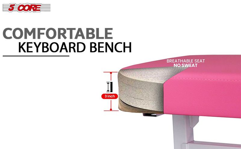 5 CORE Keyboard Bench Piano Stool T Style Pink Thick Padded Cushion Seat | Height Adjustable 17 To 22 Inch | Keyboard Chair (PU Leather) KBB H-ADJ PNK_voghion.com