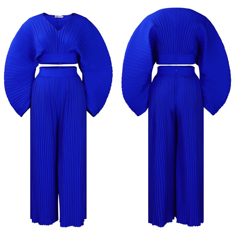 Abbigliamento donna nuova primavera pantaloni larghi a gamba larga con scollo a V pieghettato in due pezzi_voghion.com