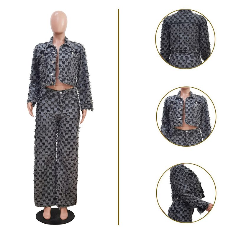 Women's Clothing Casual Jacquard Plaid Washed Denim Suit Women's Casual Jacquard Checkered Washed Denim Outfit Set Winter Wear Grey S-XXL_voghion.com