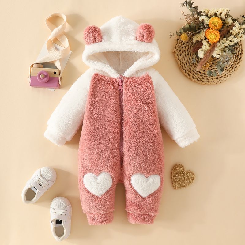 Fur Hooded Long Sleeved Long Legged Romper Baby Color Matching Plush Zipper Love Romper_voghion.com