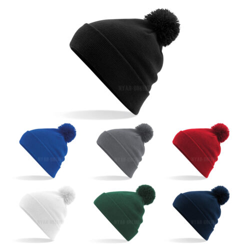 NEW POM POM BEANIE HAT MENS WOMENS PLAIN KNITTED BOBBLE WARM WINTER WOOLY CAP_voghion.com
